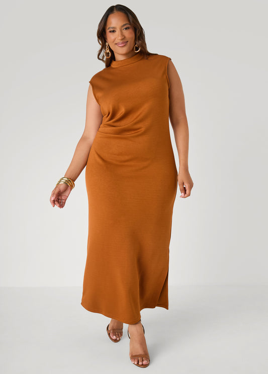 Pleated Mock Neck Maxi Dress