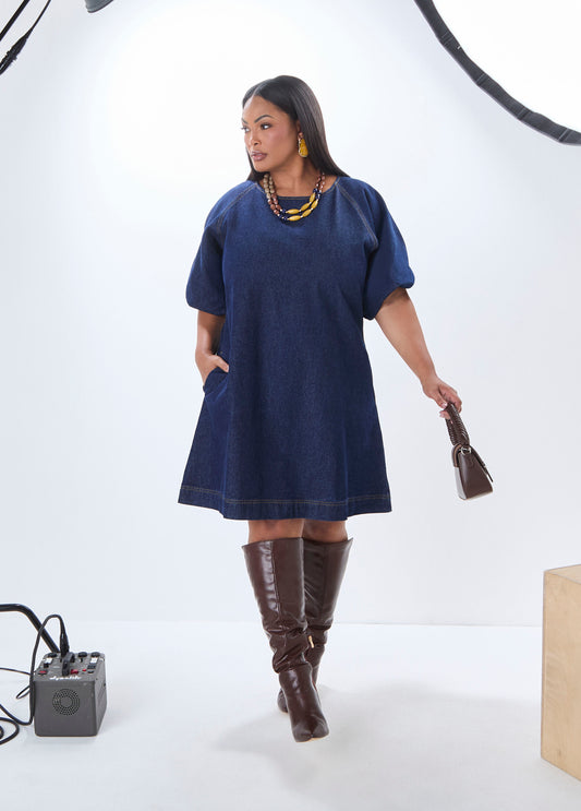 Balloon Sleeve Denim Dress