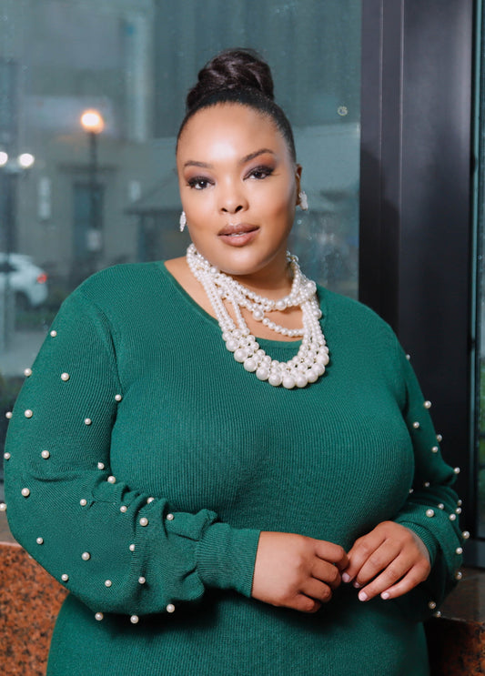 Plus Size green knit dress plus size pearl fall holiday dress