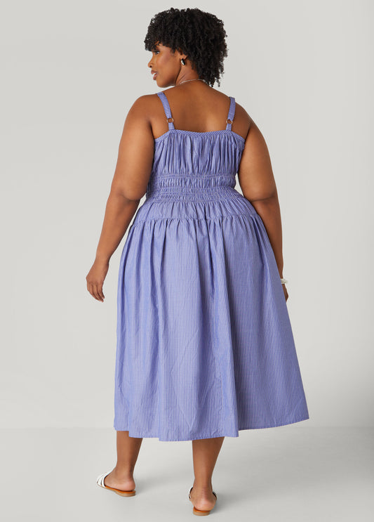 Shirred Striped Midaxi Dress