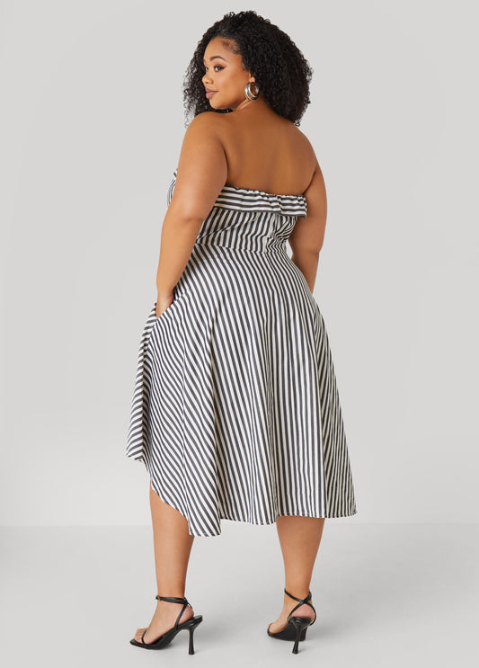 Striped Waist Tied Hi Low Dress