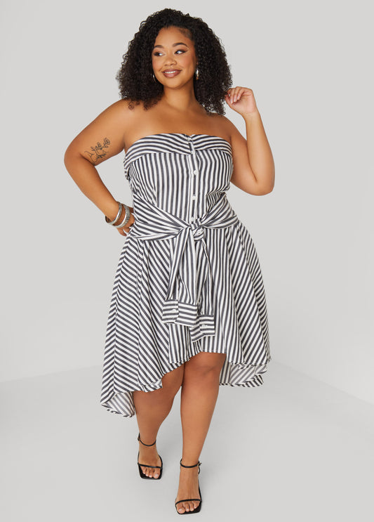 Plus Size Striped Waist Tied Hi Low Dress