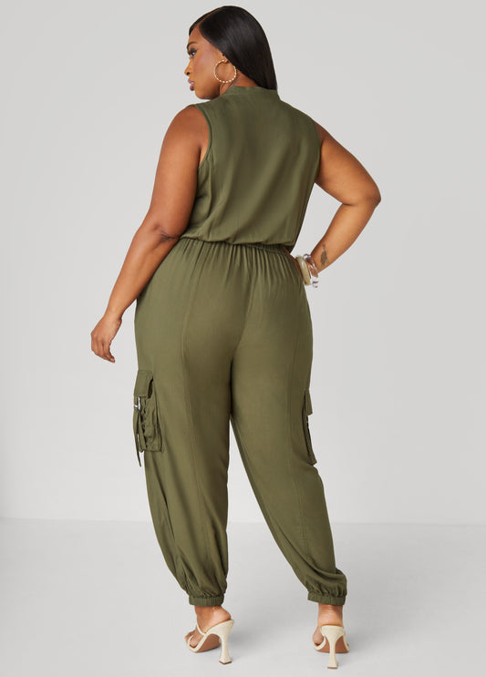 Zip Front Utility Joggers Jumpsuit