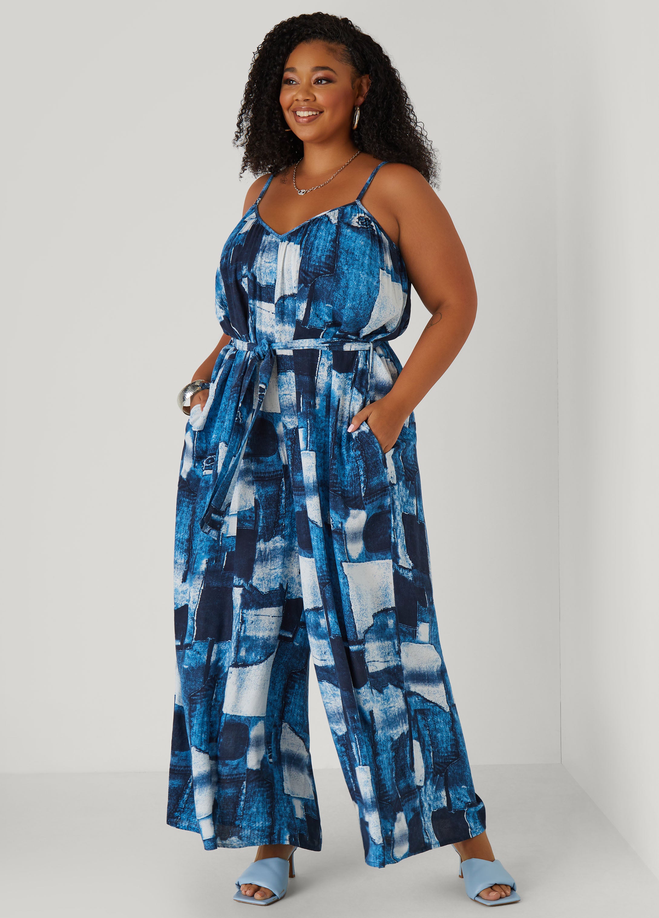 Plus Size Denim Print Wide Leg Jumpsuit