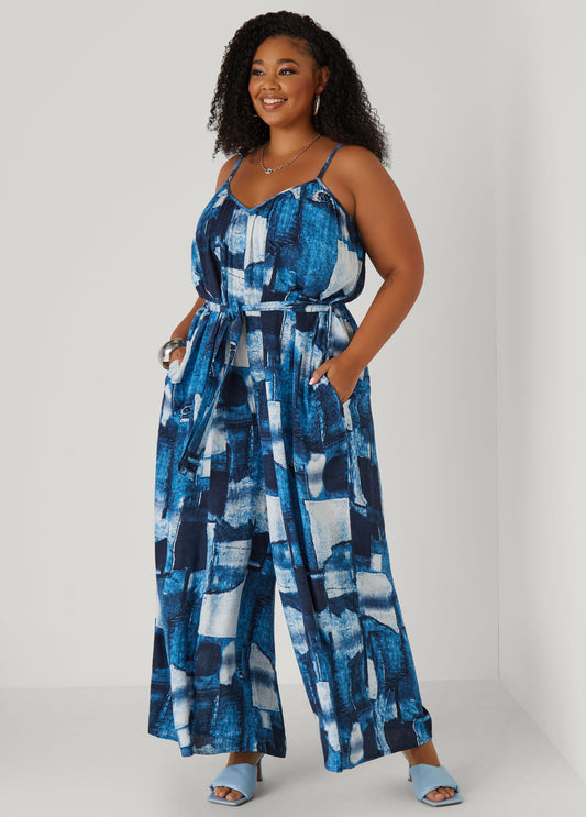 Plus Size Denim Print Wide Leg Jumpsuit