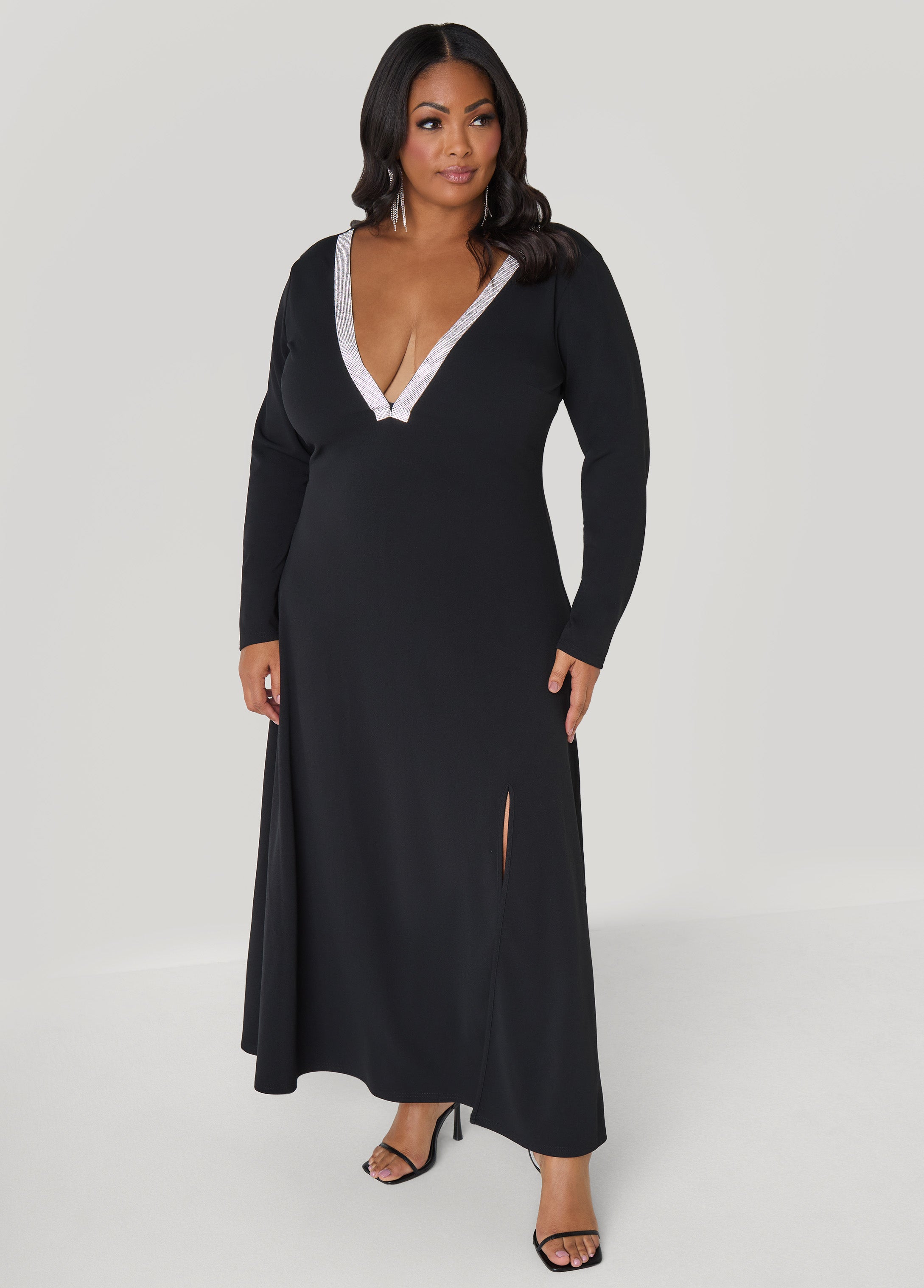 Plus Size Crystal Embellished V Neck Gown