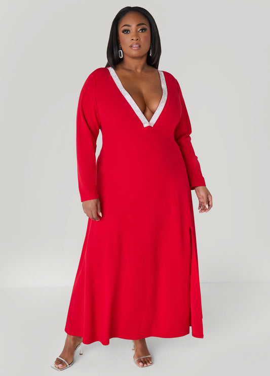 Crystal Embellished V Neck Gown