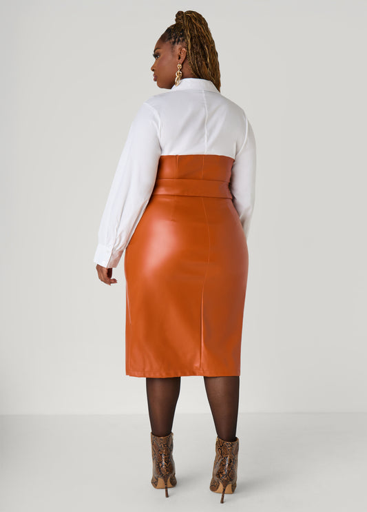 Poplin Paneled Faux Leather Dress