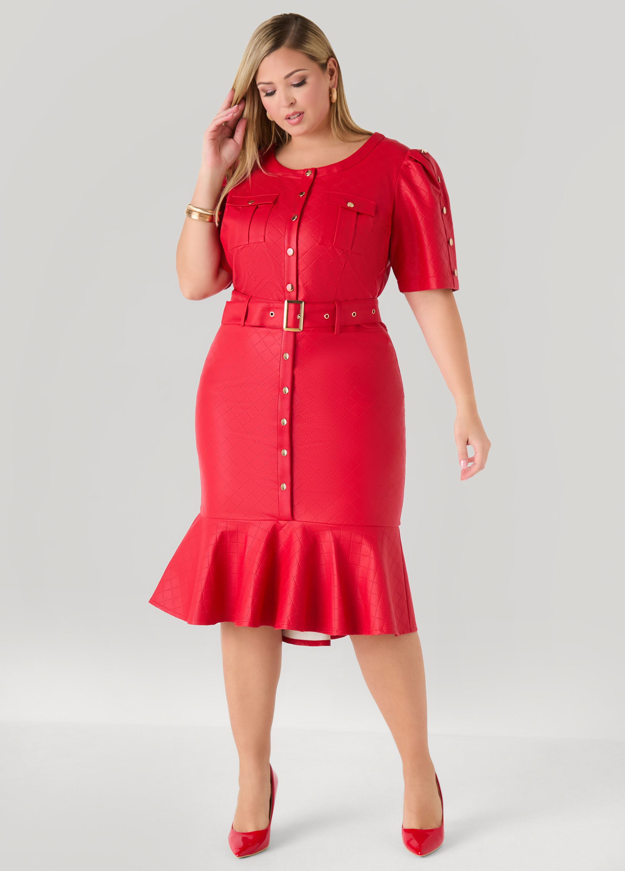 Plus Size Perforated Faux Leather Dress