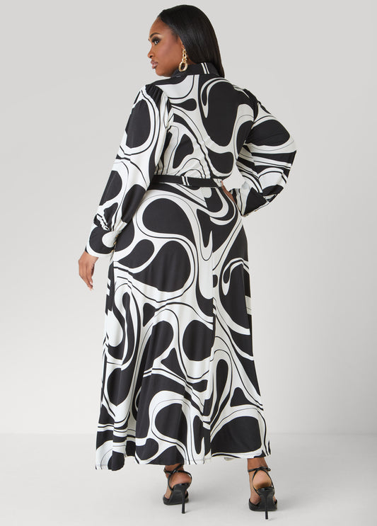 Swirl Print A Line Maxi Shirtdress