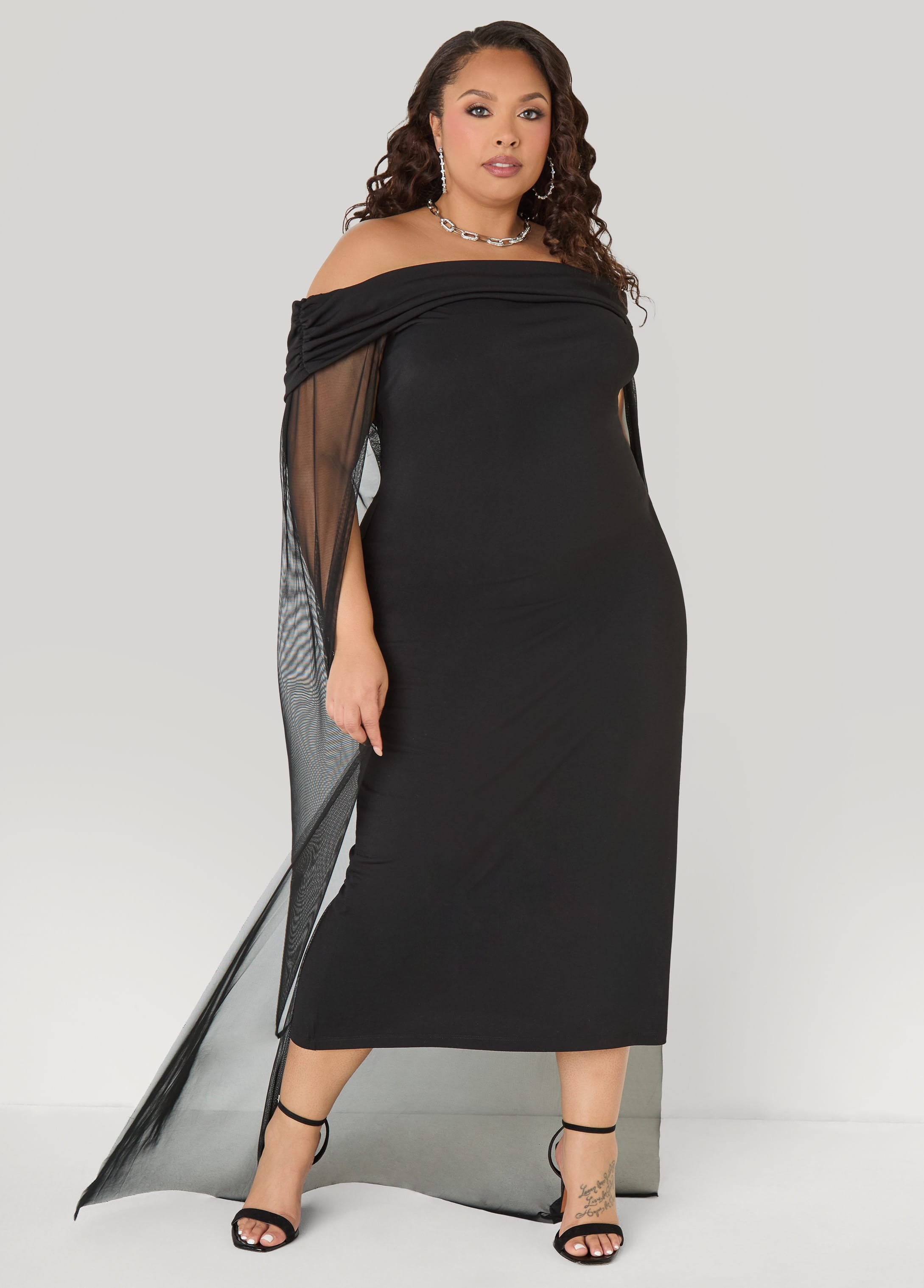 Off The Shoulder Cape Dress – Ashley Stewart