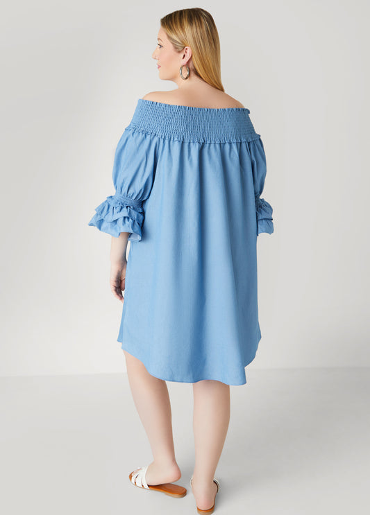 Off The Shoulder Chambray Dress