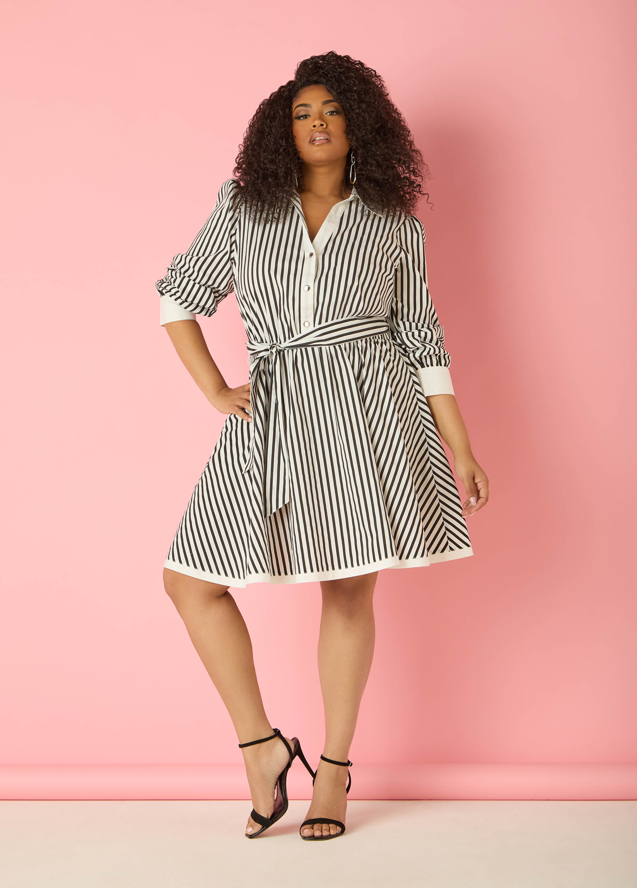 Plus Size Striped Knee Dress Black White Shirt Dress Cotton Dress