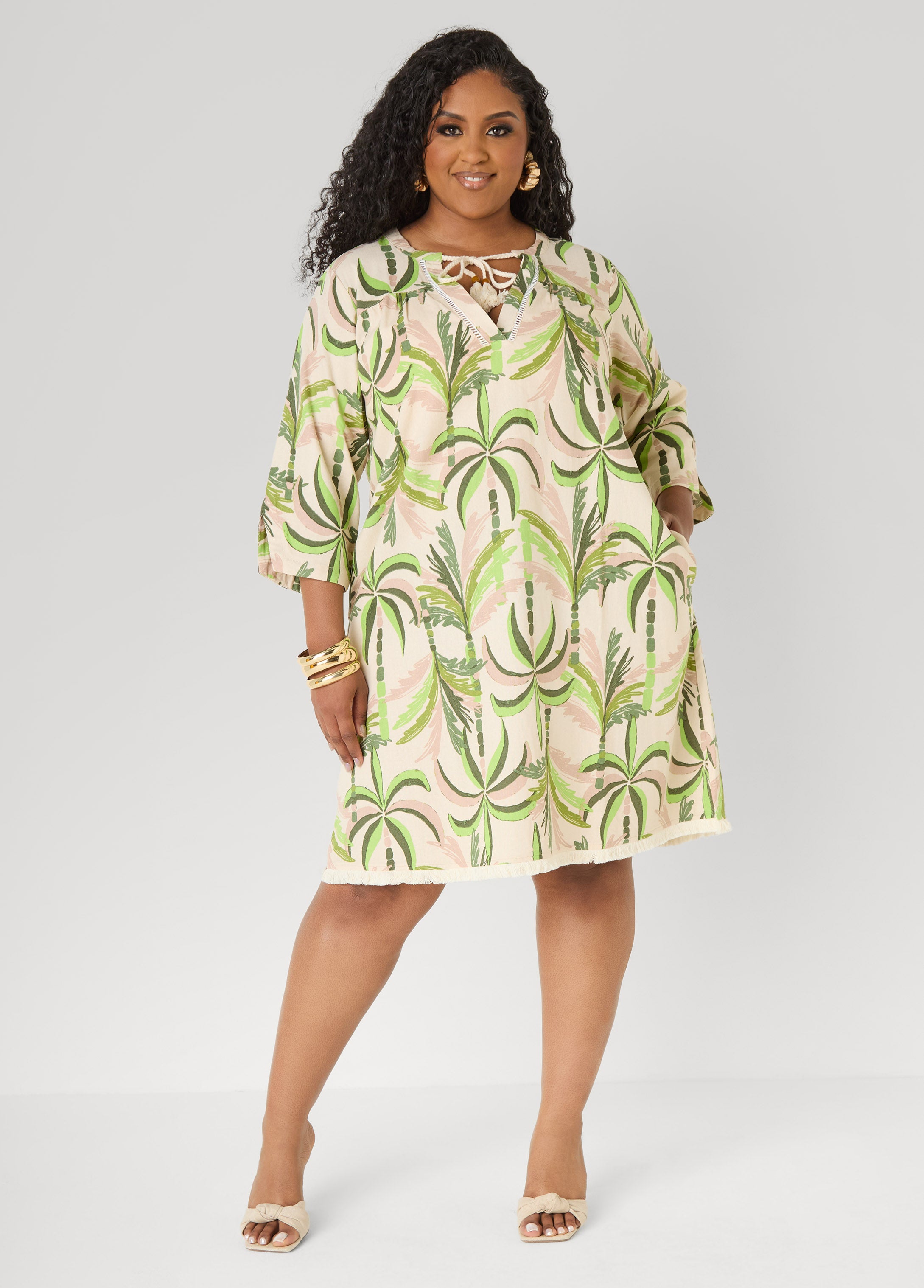 Palm Print Linen Blend Dress