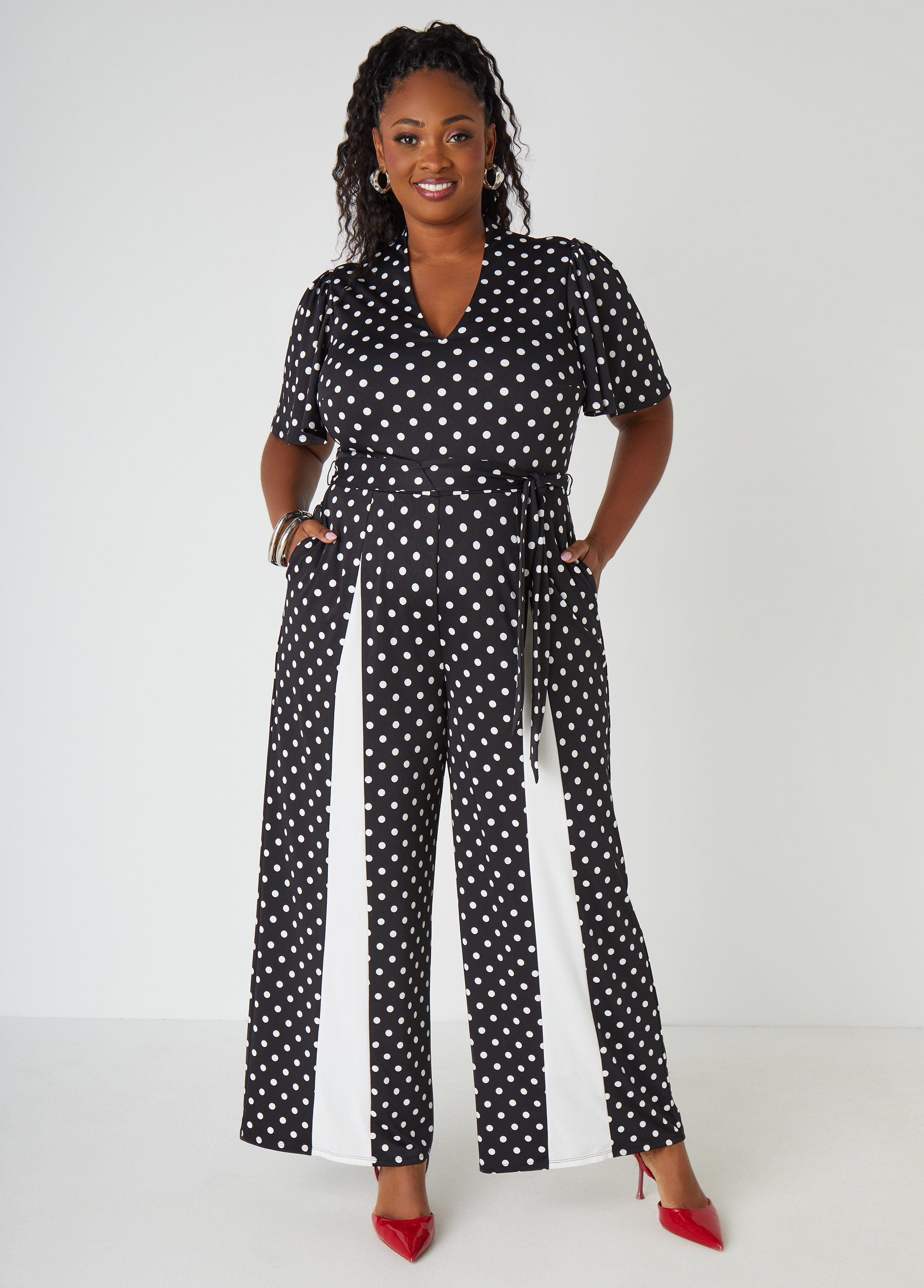 Plus Size Paneled Polka Dot Jumpsuit