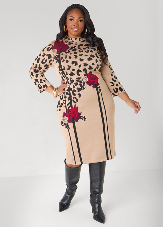 Plus Size Rose And Leopard Sweater Dress