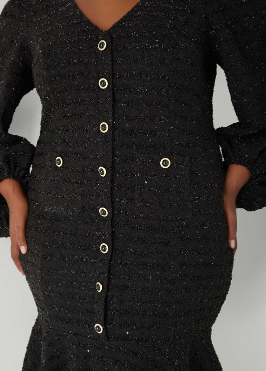 Flounced Boucle Sheath Dress