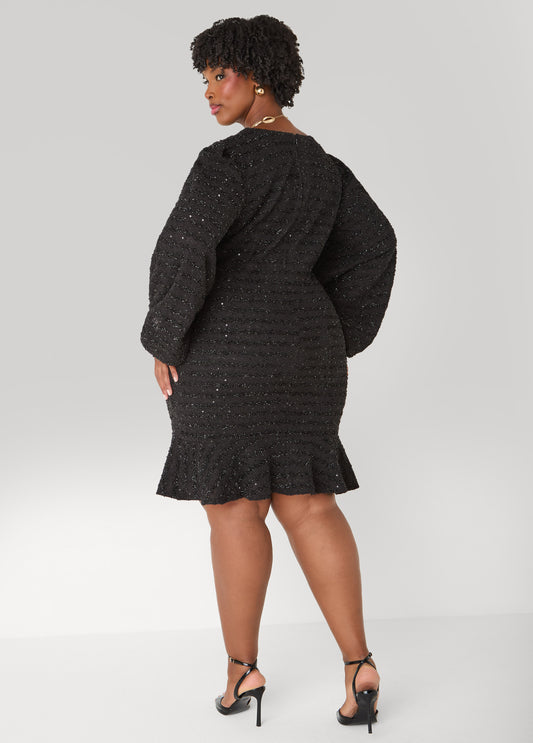 Flounced Boucle Sheath Dress