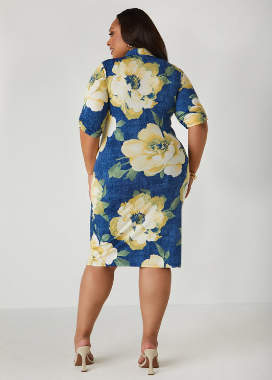 Ruched Floral Print Shirtdress