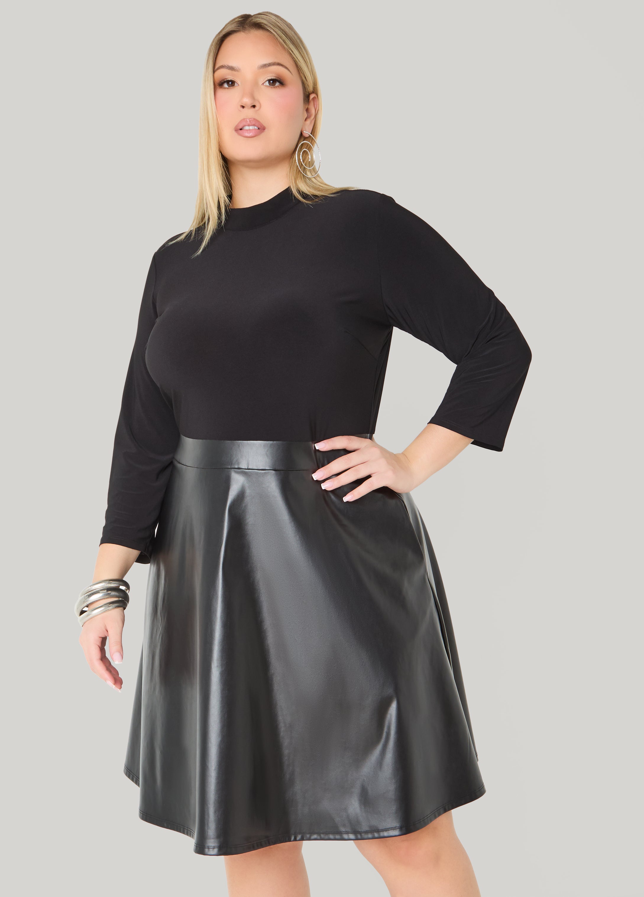 Paneled Faux Leather A Line Dress Ashley Stewart Paneled Faux Leather A Line Dress Ashley Stewart