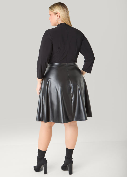 Paneled Faux Leather A Line Dress – Ashley Stewart Paneled Faux Leather A Line Dress – Ashley Stewart