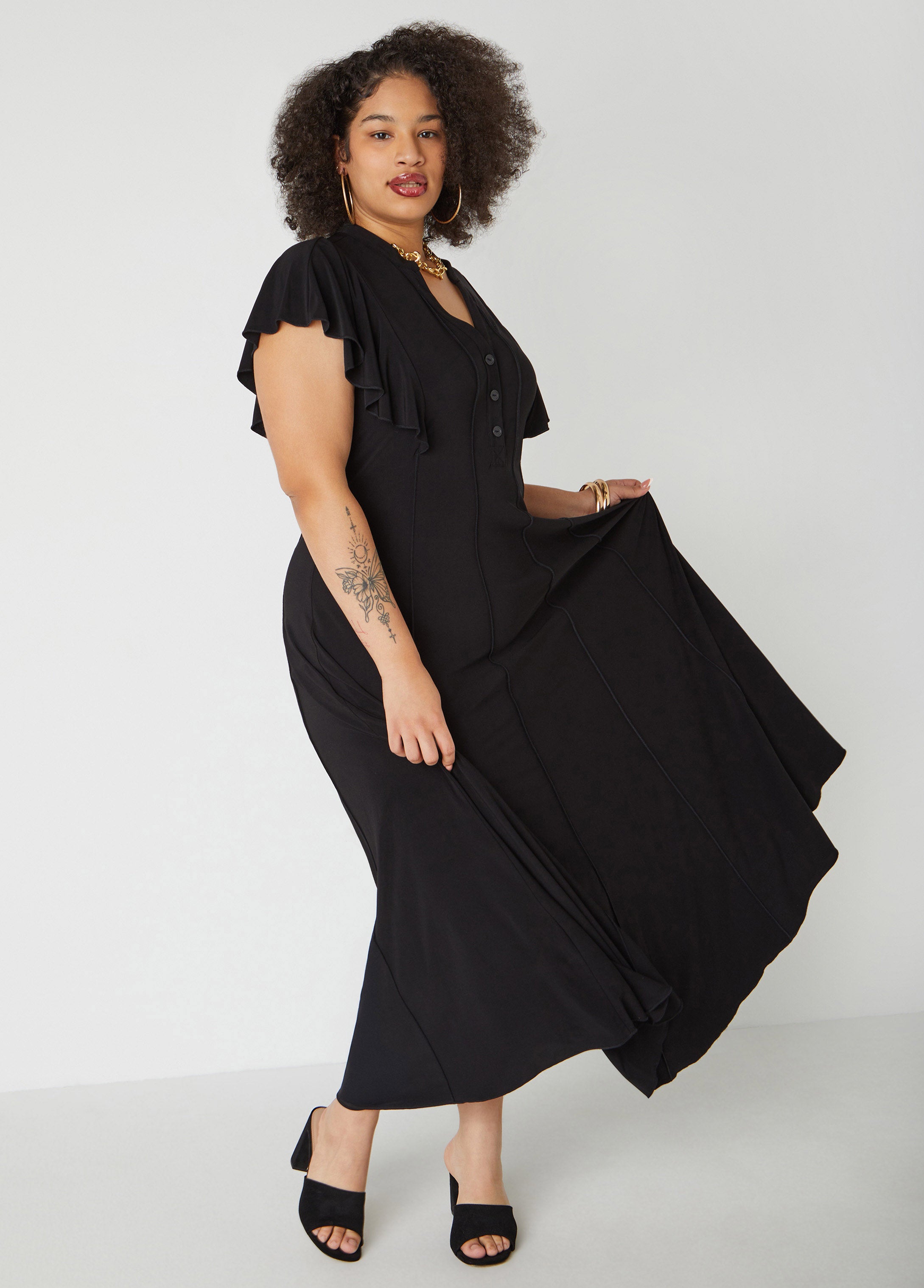 Ruffle Sleeved Seamed Maxi Dress