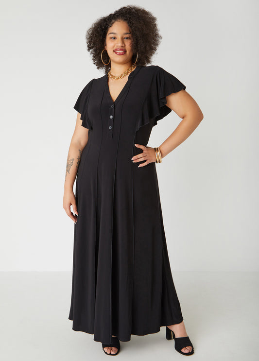 Plus Size Ruffle Sleeved Seamed Maxi Dress