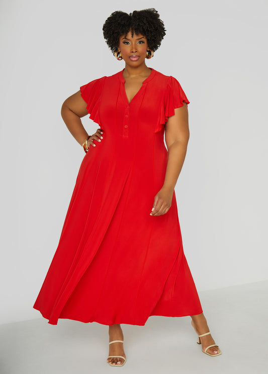 Plus Size Ruffle Sleeved Seamed Maxi Dress