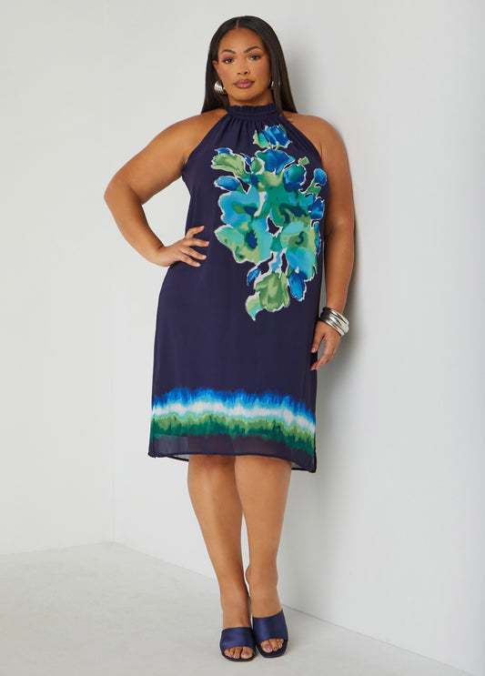 Plus Size Watercolor Print Halter Dress