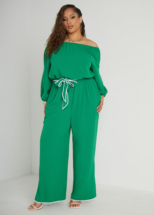 Plus Size Belted Off The Shoulder Jumpsuit