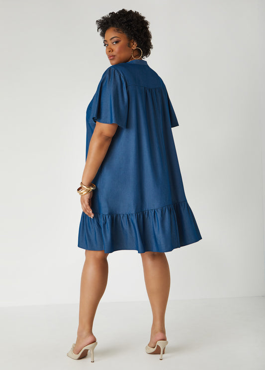 Flounced Chambray Shirtdress
