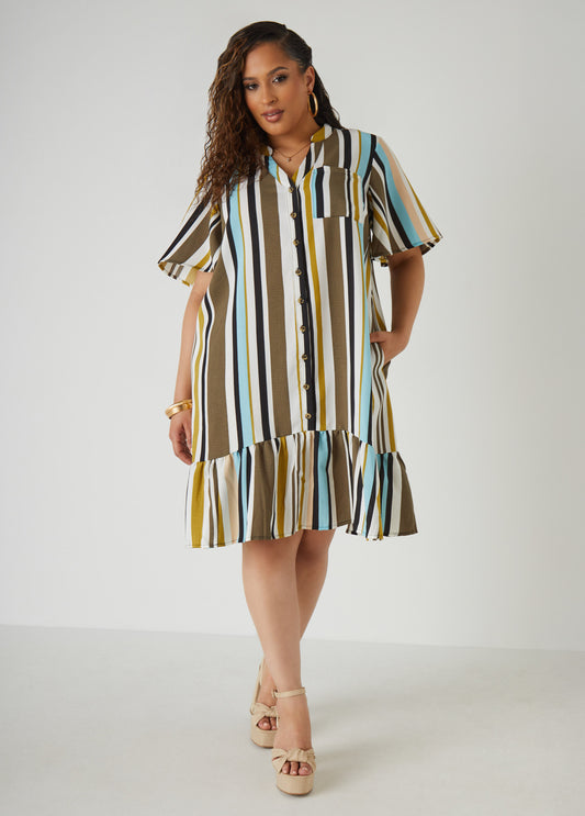 Plus Size Flounced Striped Shirtdress