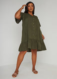 Flounced Slub Woven Shirtdress