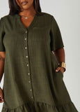 Flounced Slub Woven Shirtdress