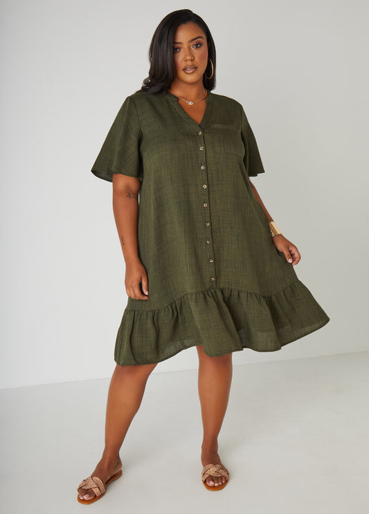 Plus Size Flounced Slub Woven Shirtdress