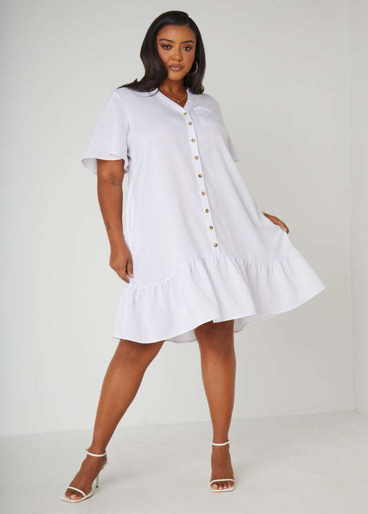 Plus Size Slub Woven Flounced Shirtdress
