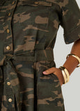 Belted Camo Print Denim Dress