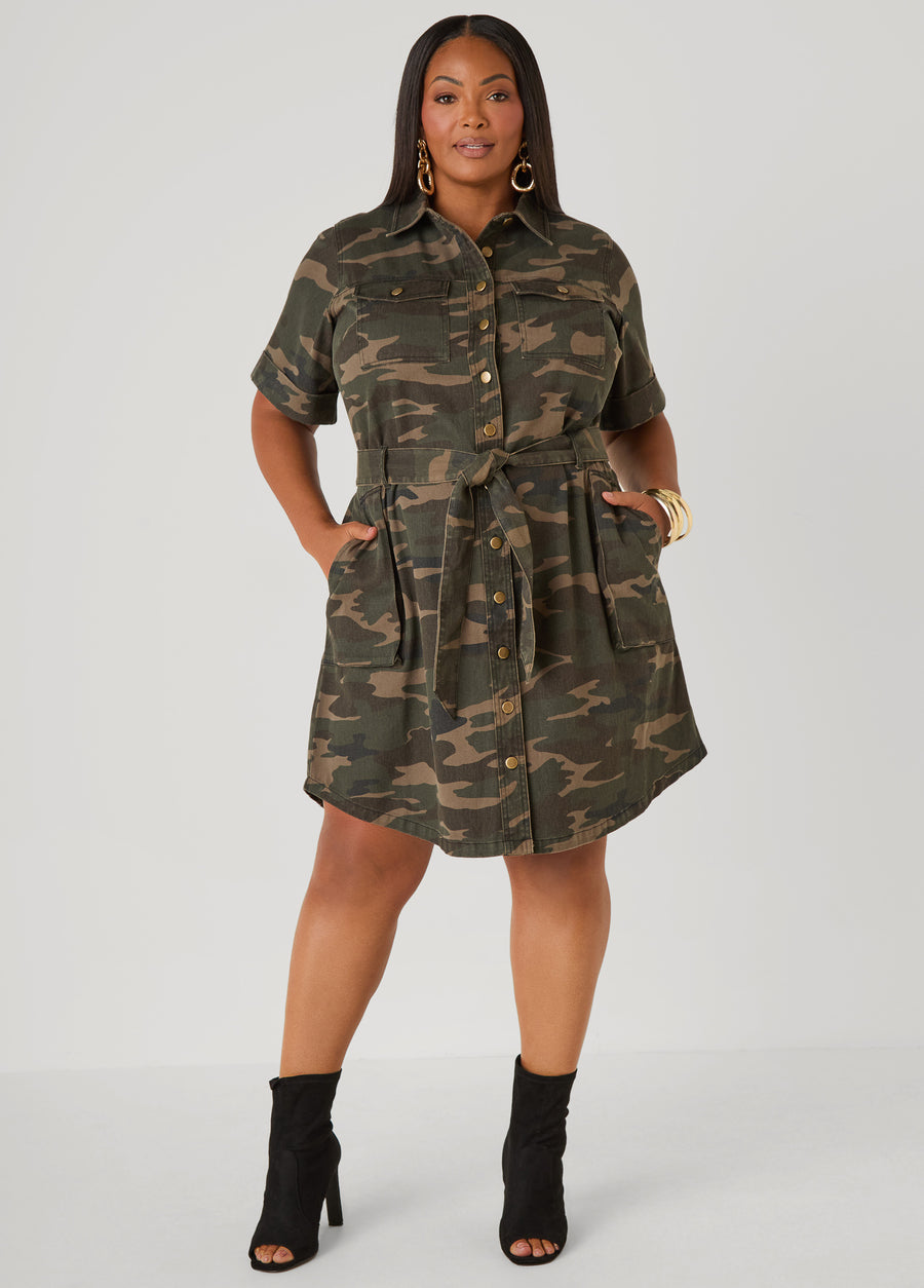 Plus Size Belted Camo Print Denim Dress