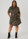 Belted Camo Print Denim Dress