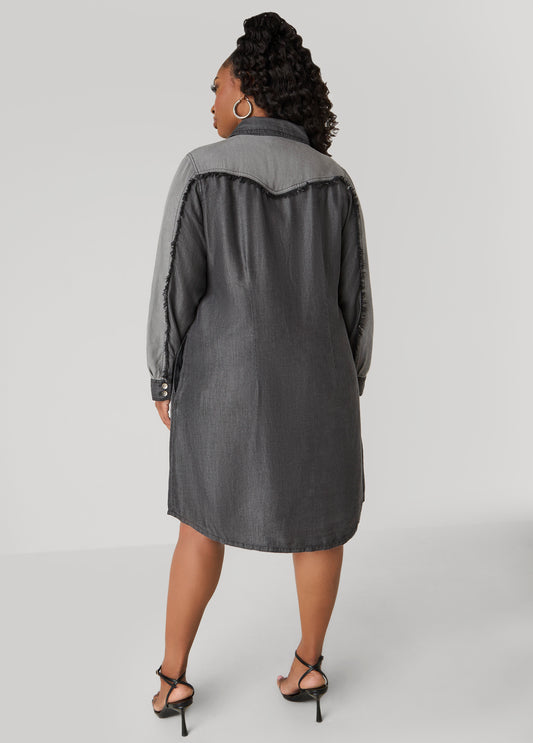 Frayed Two Tone Chambray Dress