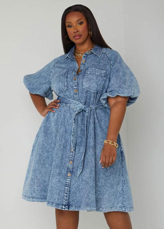 Plus Size Acid Wash Chambray Shirtdress