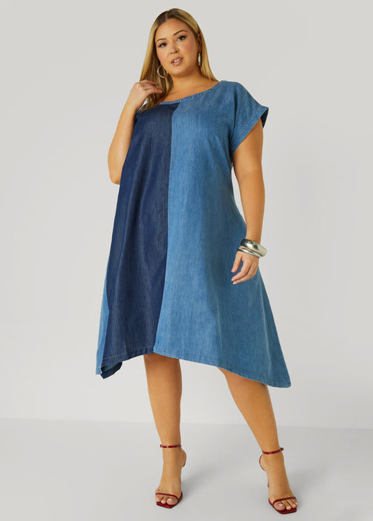 Plus Size Studded Two Tone Chambray Dress