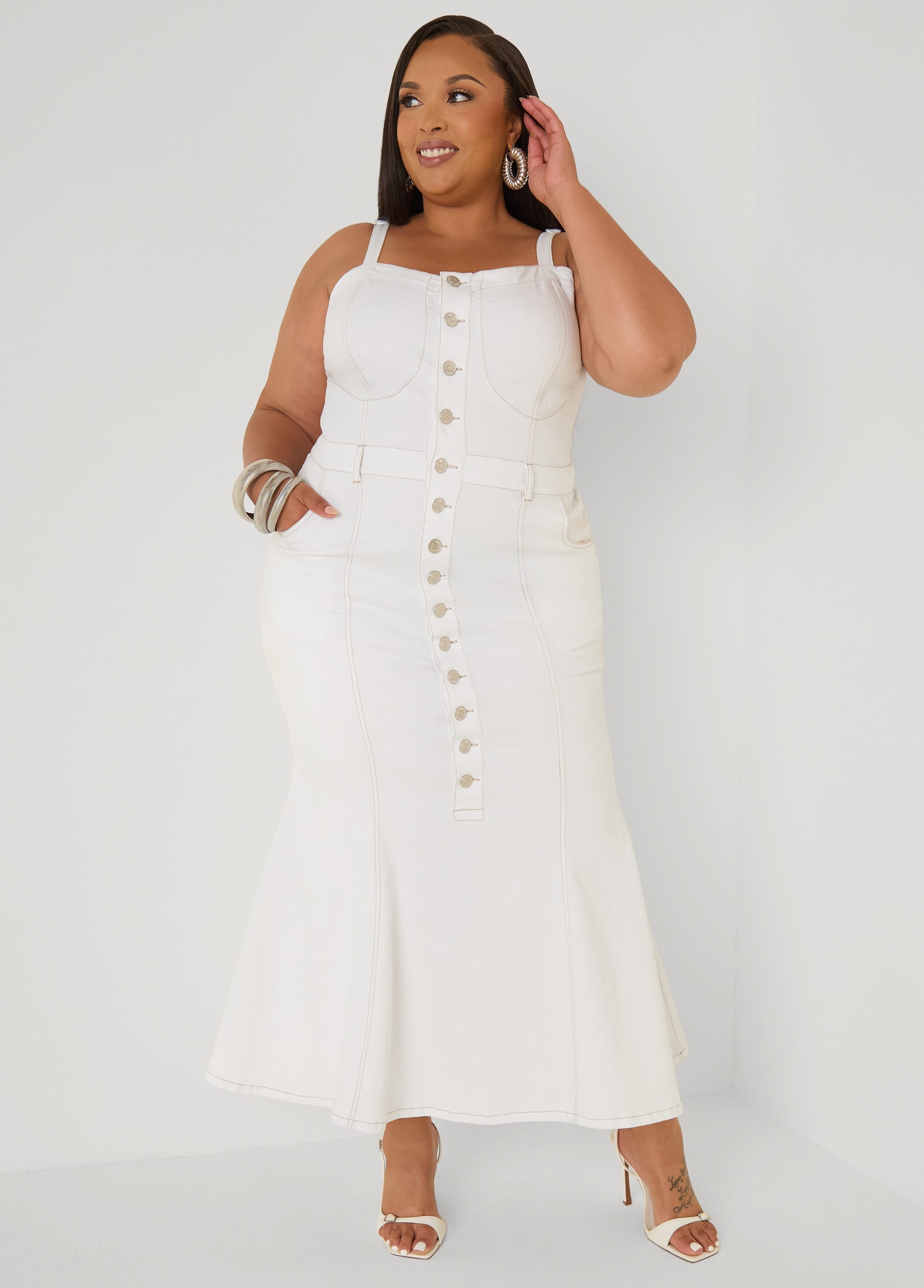 Plus Size Sweetheart Denim Maxi Dress, White, 26/28