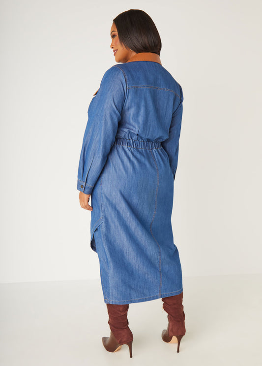 Faux Leather And Chambray Shirtdress