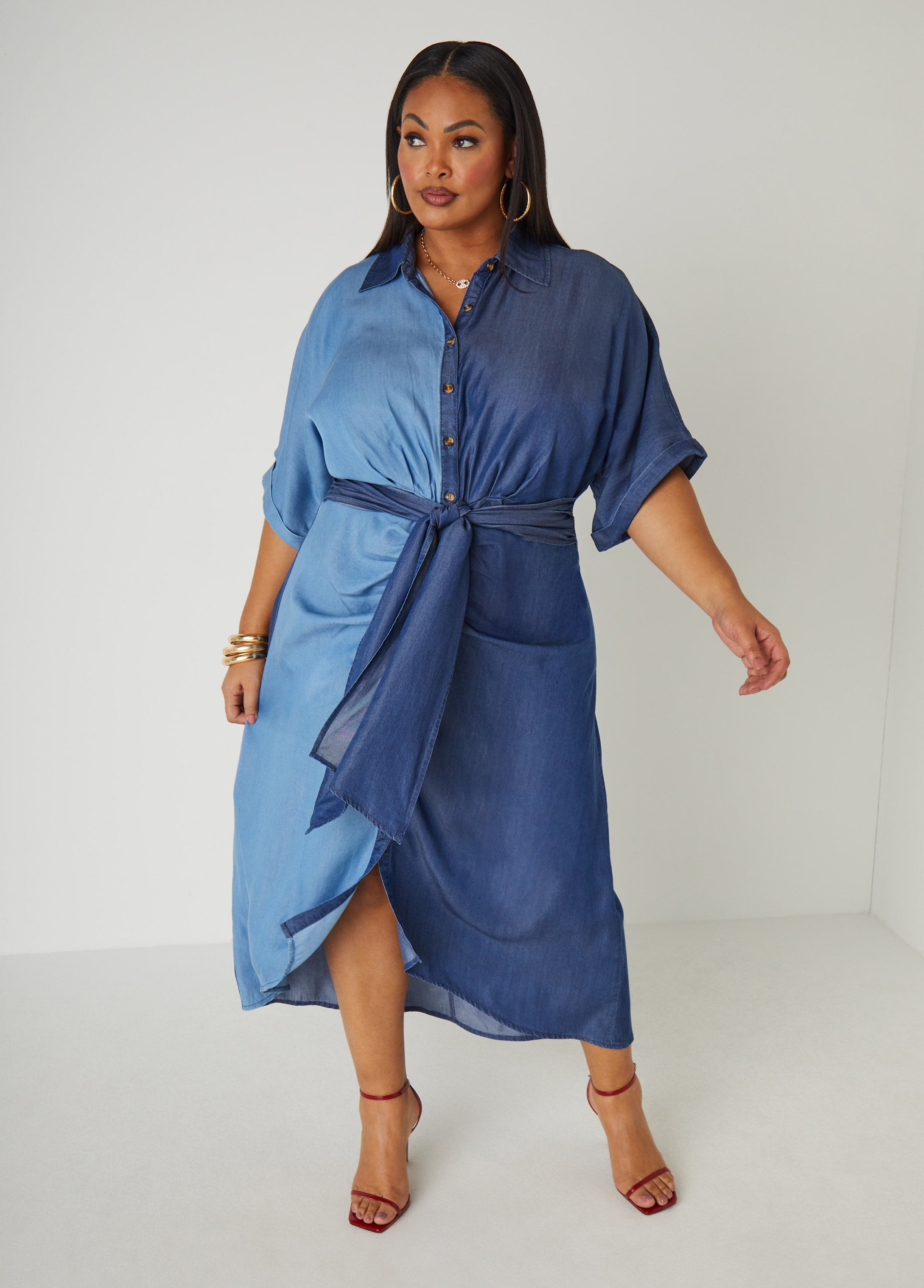 ashley stewart blue jean dresses Tall Shawl Collar Paneled Denim Dress Ashley Stewart