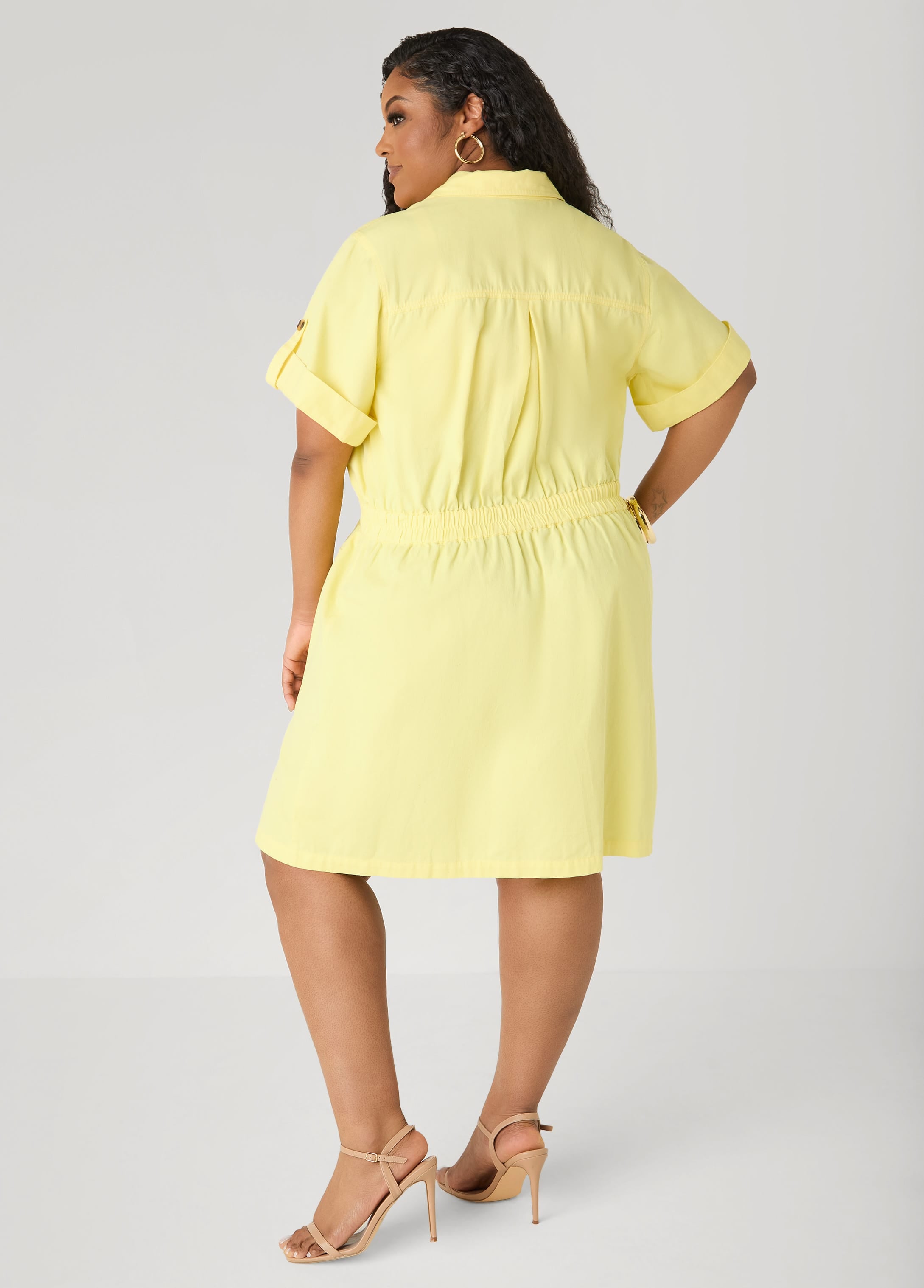 Plus Size Denim Cargo Dress, Yellow, 26/28