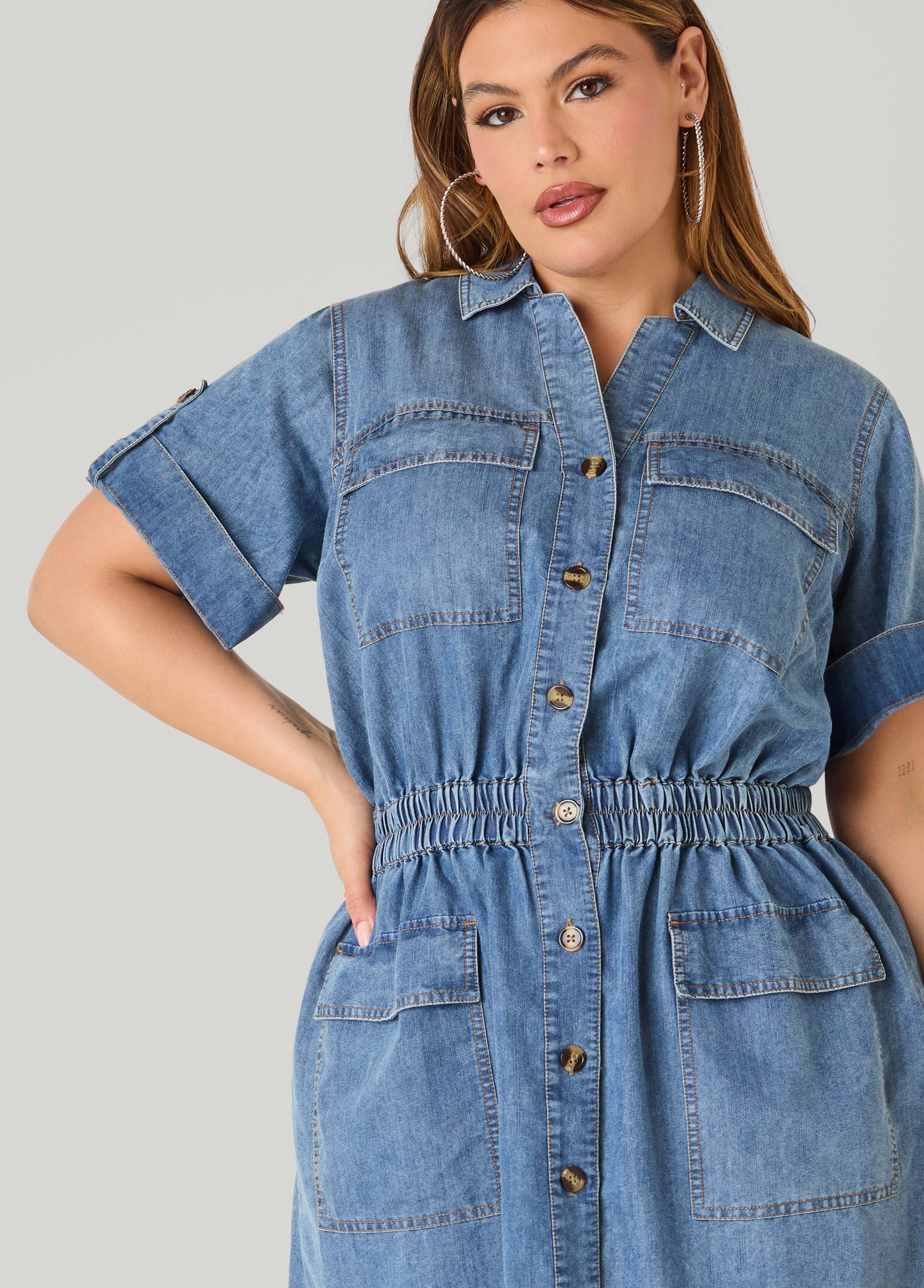 ashley stewart denim dress Studded Outfitted in a cargo style Belted Denim Maxi Shirtdress