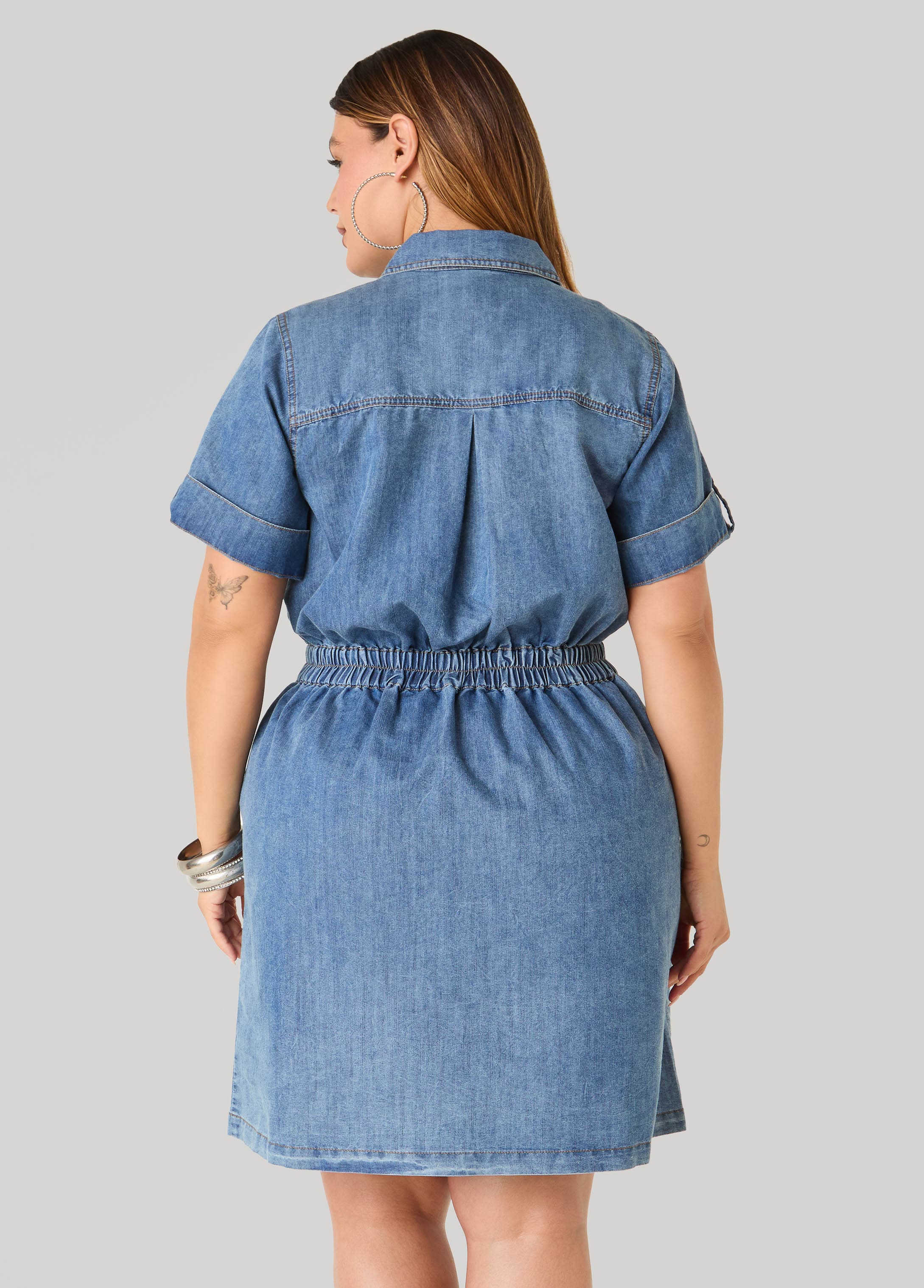 Plus Size Stonewash Denim Cargo Dress, Denim Blue, 22/24