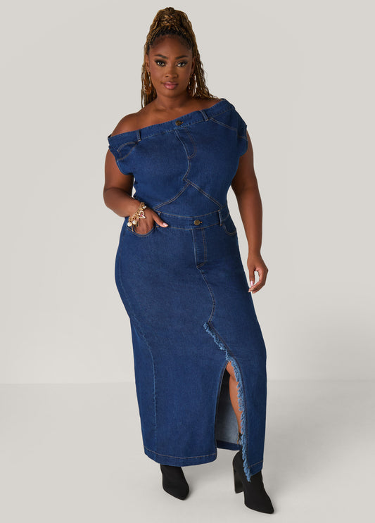 Plus Size Off The Shoulder Denim Maxi Dress