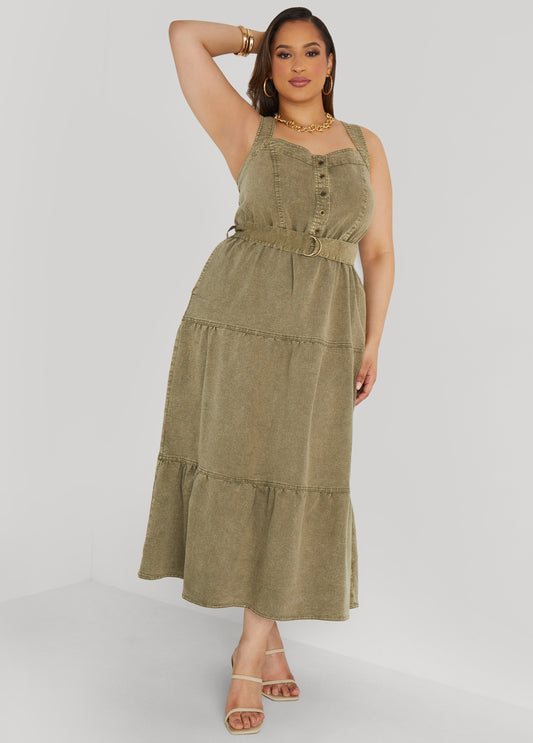 Plus Size Flounced Denim Maxi Dress
